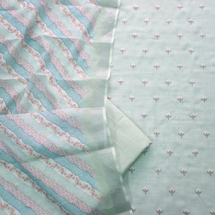 Parchaayi Mint Green Cross Stitch Floral Work Cotton Linen Suit Set