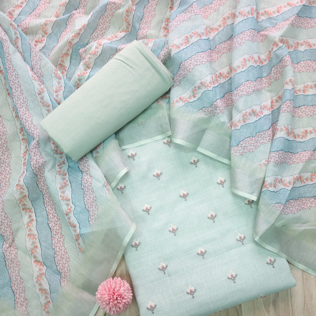 Parchaayi Mint Green Cross Stitch Floral Work Cotton Linen Suit Set