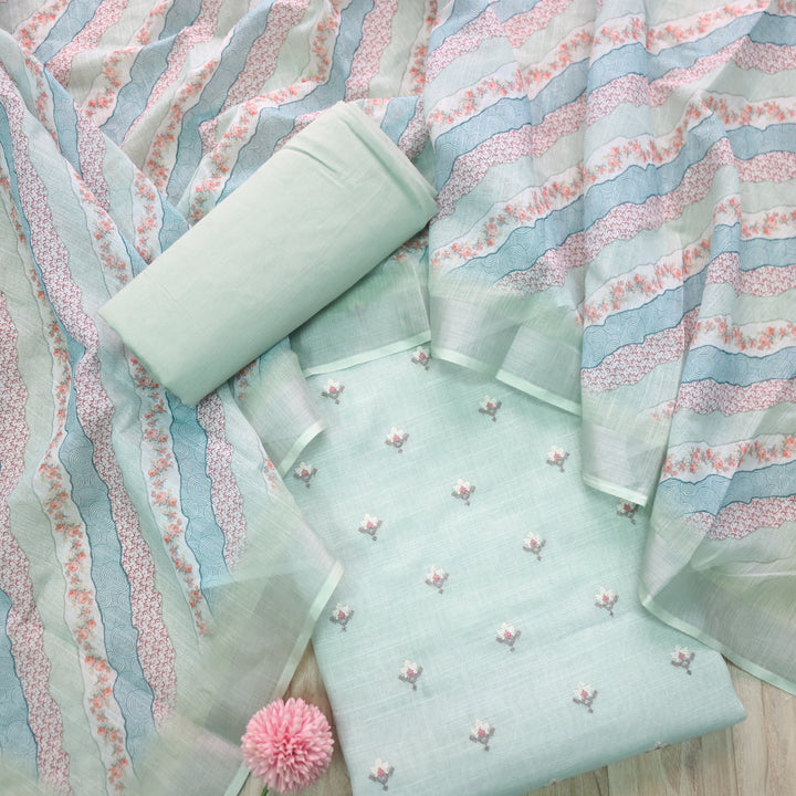Parchaayi Mint Green Cross Stitch Floral Work Cotton Linen Suit Set