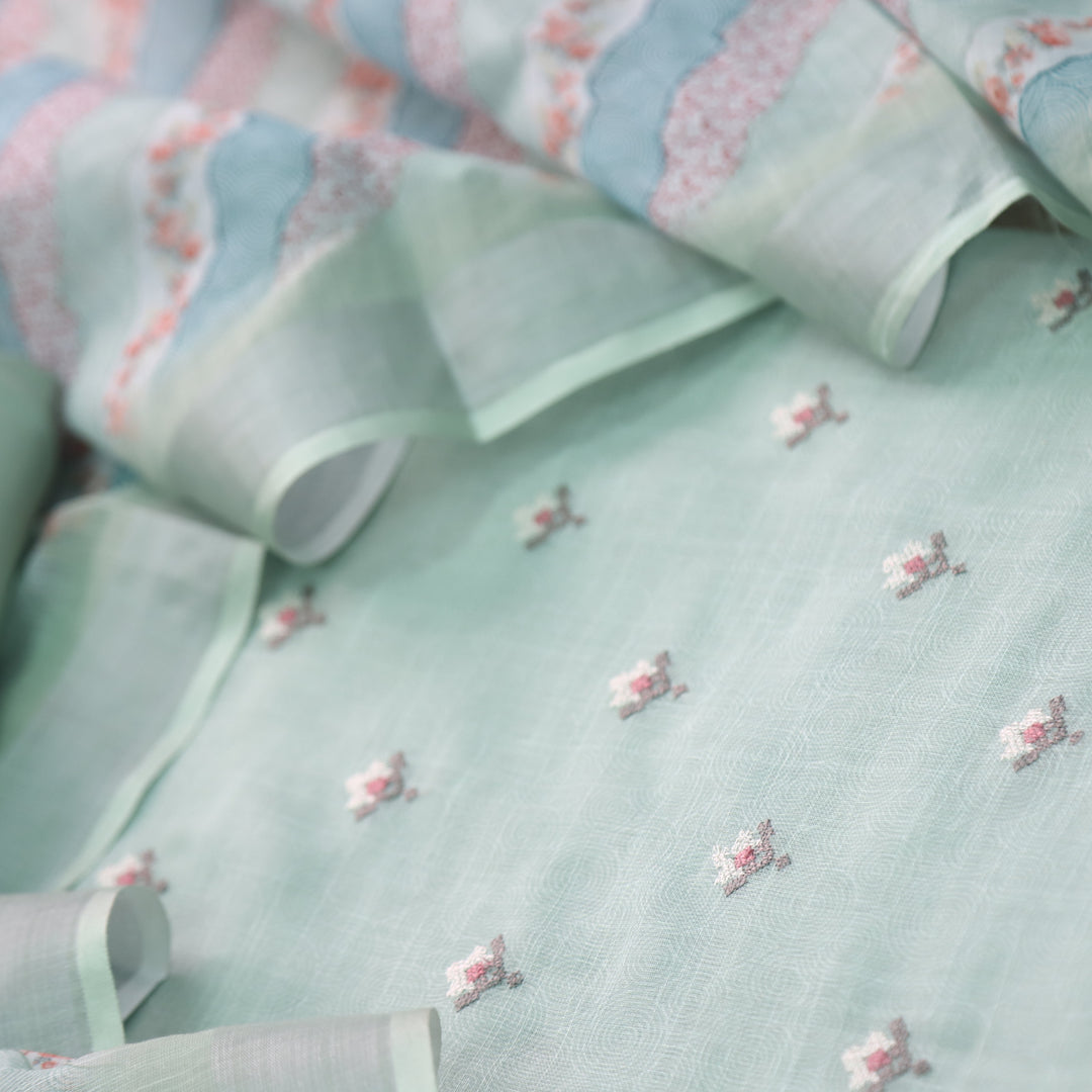 Parchaayi Mint Green Cross Stitch Floral Work Cotton Linen Suit Set