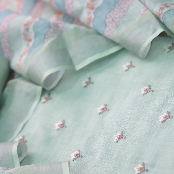Parchaayi Mint Green Cross Stitch Floral Work Cotton Linen Suit Set
