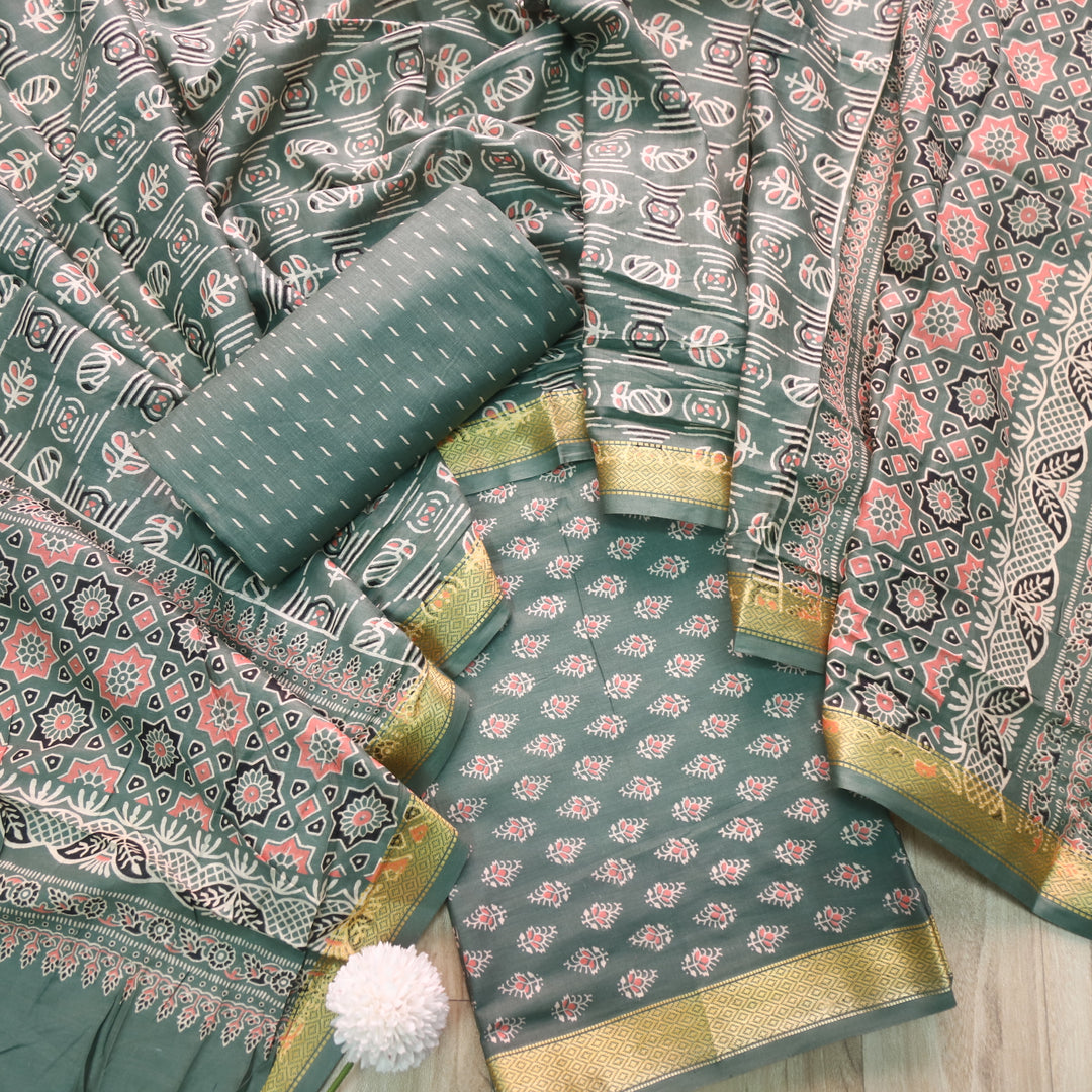 Resham Forest Green Floral Printed Cotton Suit Set with Printed Dupatta