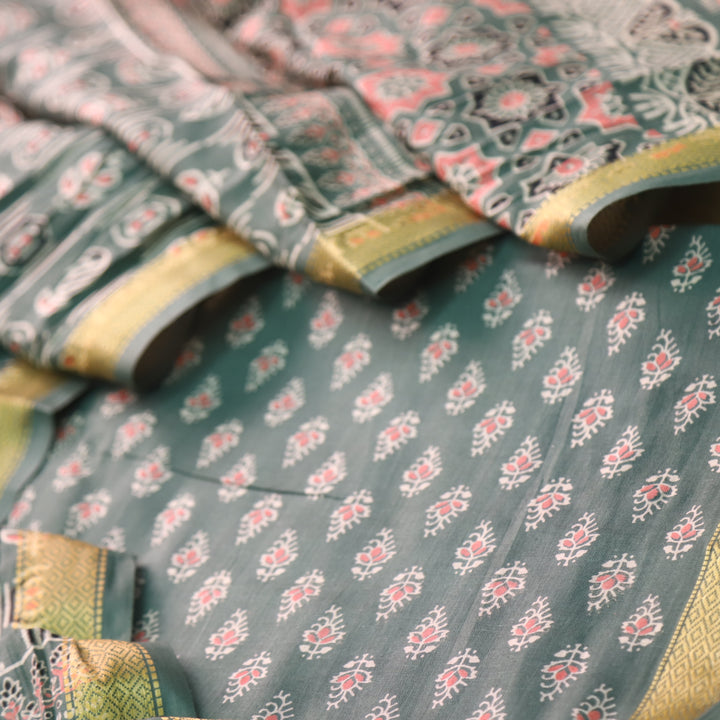 Resham Forest Green Floral Printed Cotton Suit Set with Printed Dupatta