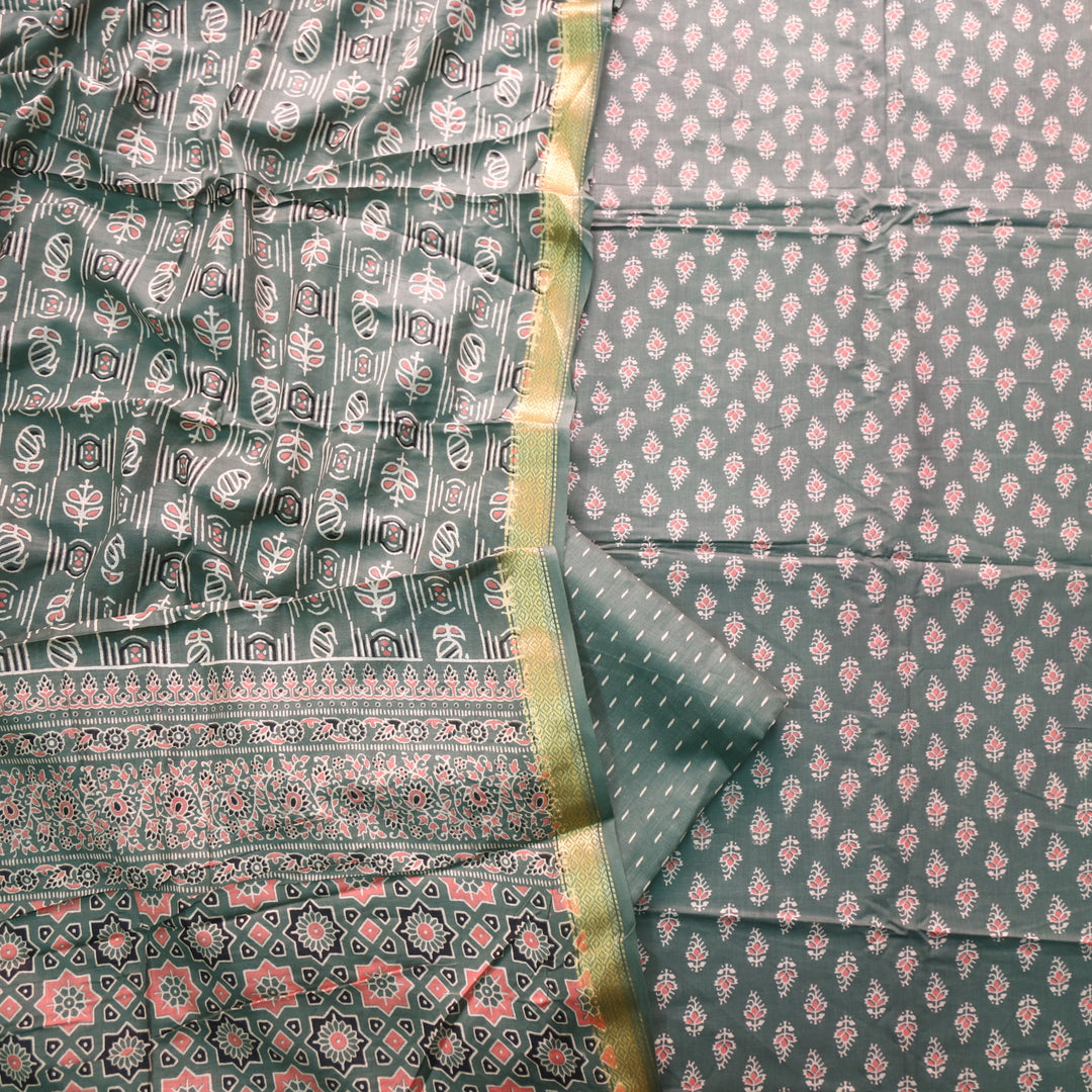 Resham Forest Green Floral Printed Cotton Suit Set with Printed Dupatta