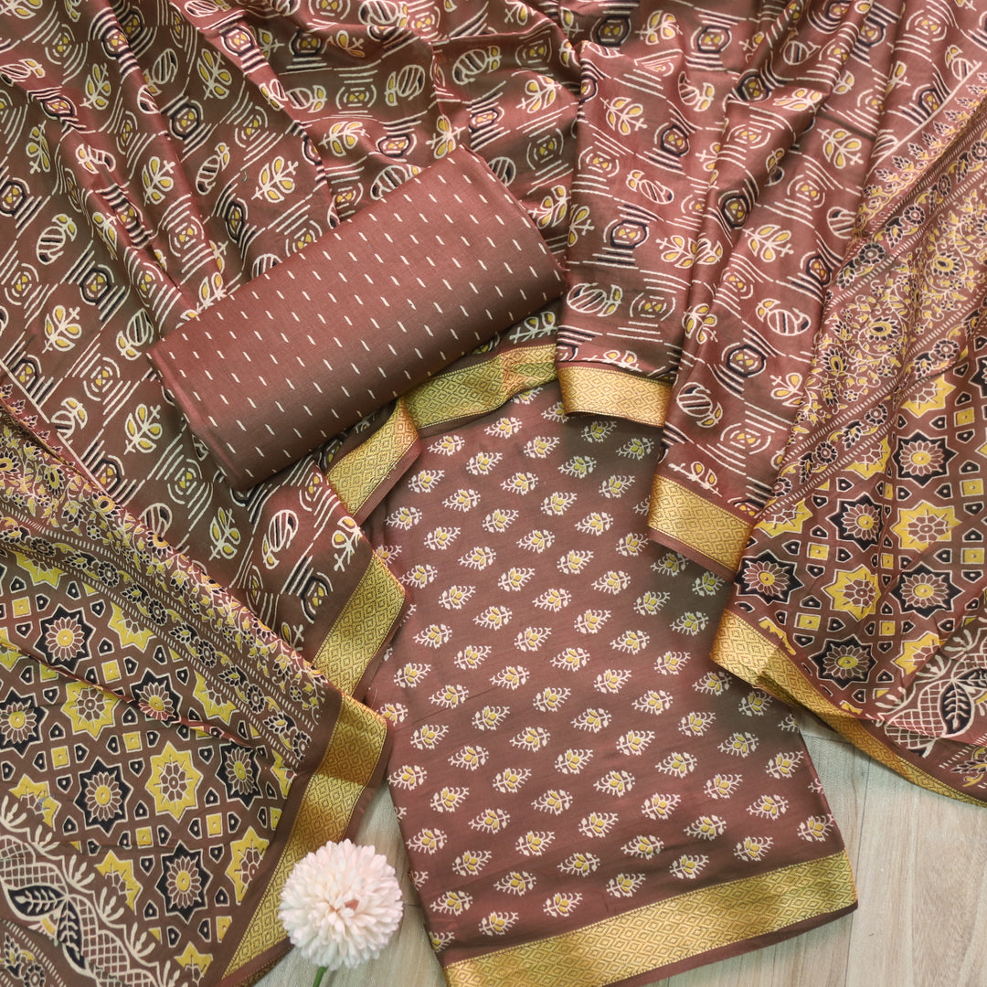Resham Choco Brown Floral Printed Cotton Suit Set with Printed Dupatta