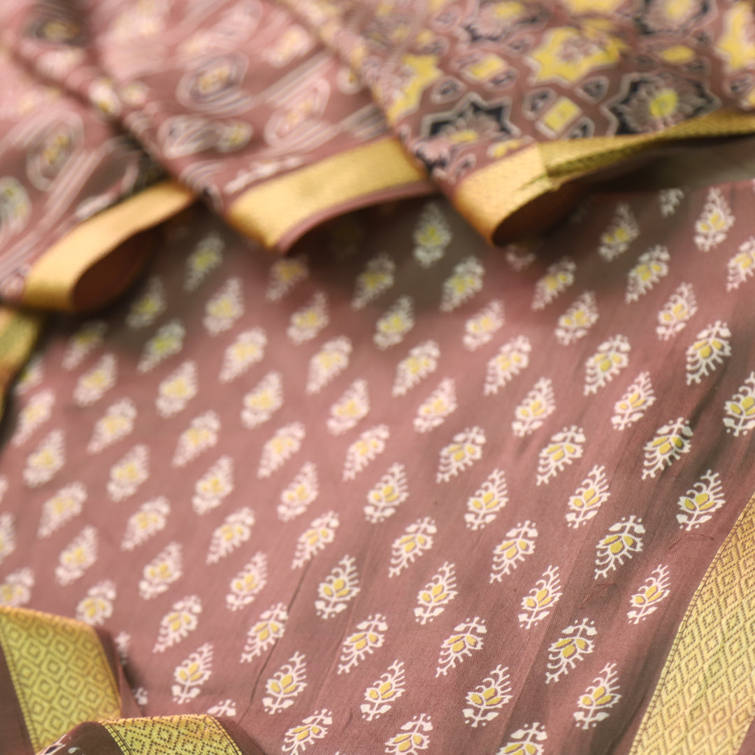 Resham Choco Brown Floral Printed Cotton Suit Set with Printed Dupatta