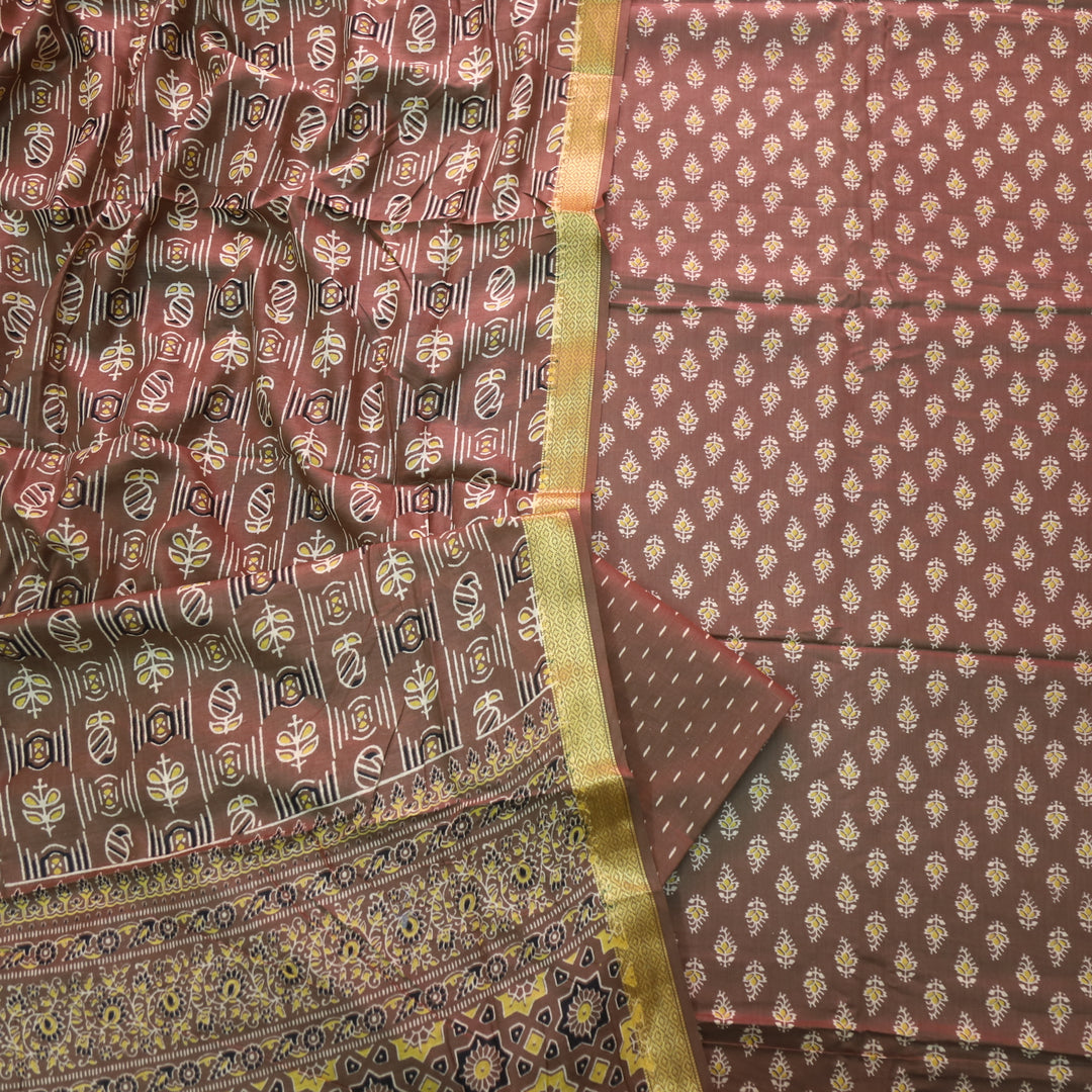 Resham Choco Brown Floral Printed Cotton Suit Set with Printed Dupatta