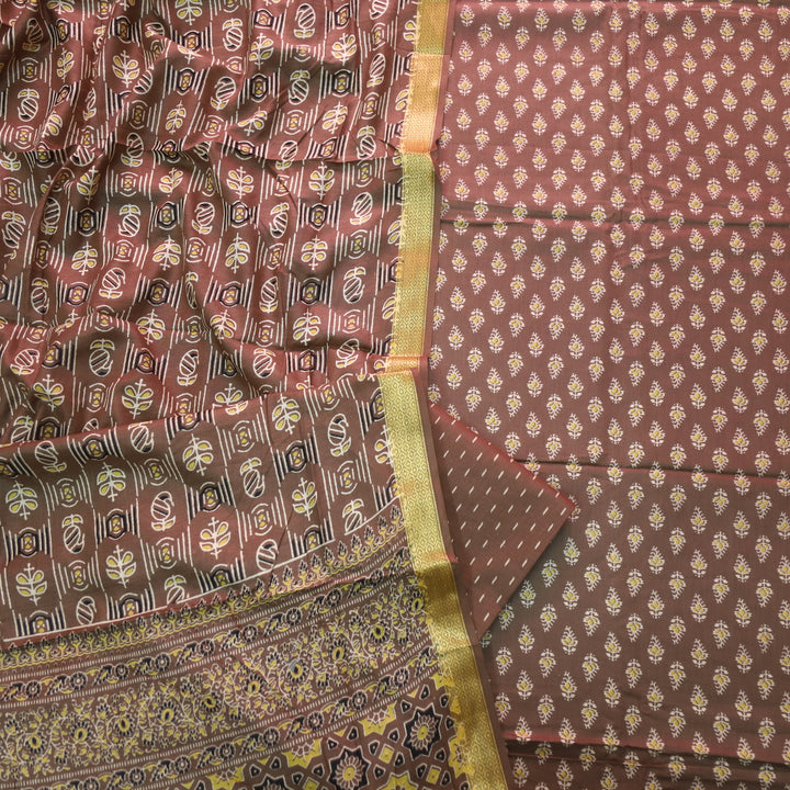Resham Choco Brown Floral Printed Cotton Suit Set with Printed Dupatta