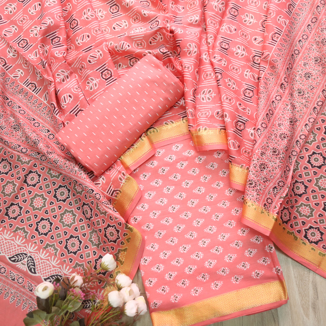 Resham Candy Pink Floral Printed Cotton Suit Set with Printed Dupatta