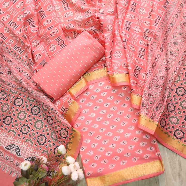 Resham Candy Pink Floral Printed Cotton Suit Set with Printed Dupatta