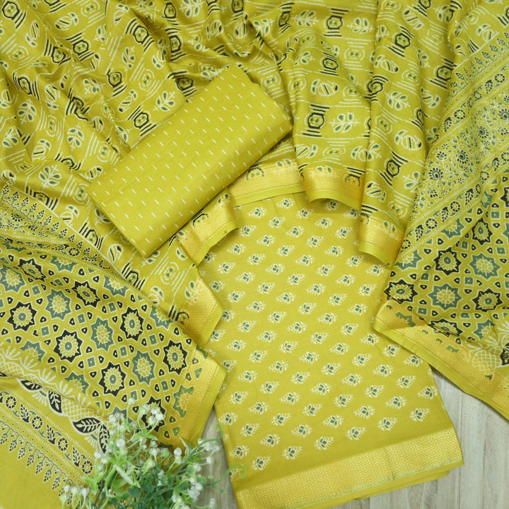 Reshma Lemon Yellow Floral Printed Cotton Suit Set with Printed Dupatta