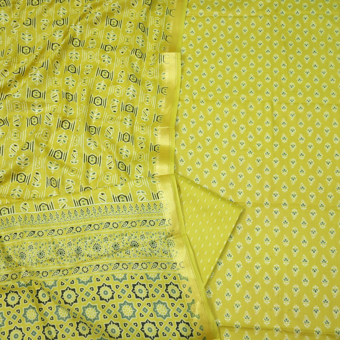 Reshma Lemon Yellow Floral Printed Cotton Suit Set with Printed Dupatta