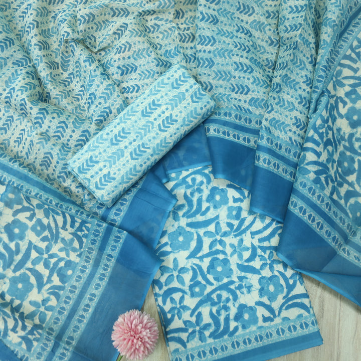 Shringaar Light Blue Floral Printed Cotton Top with Cotton Dupatta Suit Set D2