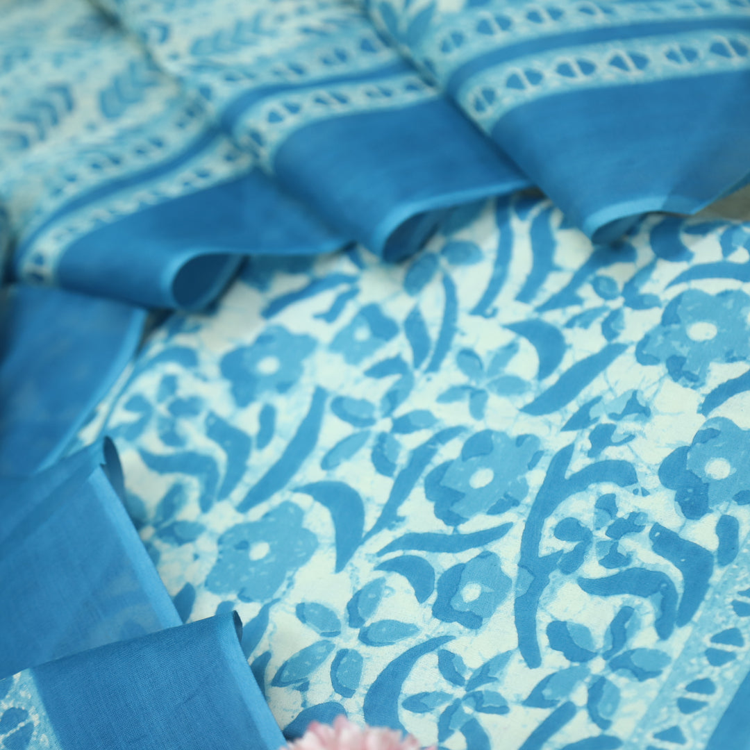 Shringaar Light Blue Floral Printed Cotton Top with Cotton Dupatta Suit Set D2