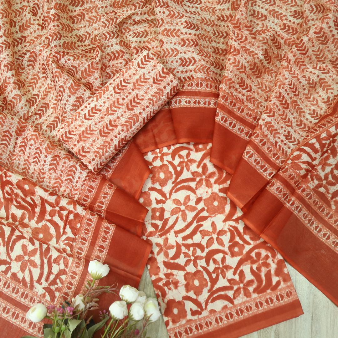 Shringaar Rust Orange Floral Printed Cotton Top with Cotton Dupatta Suit Set