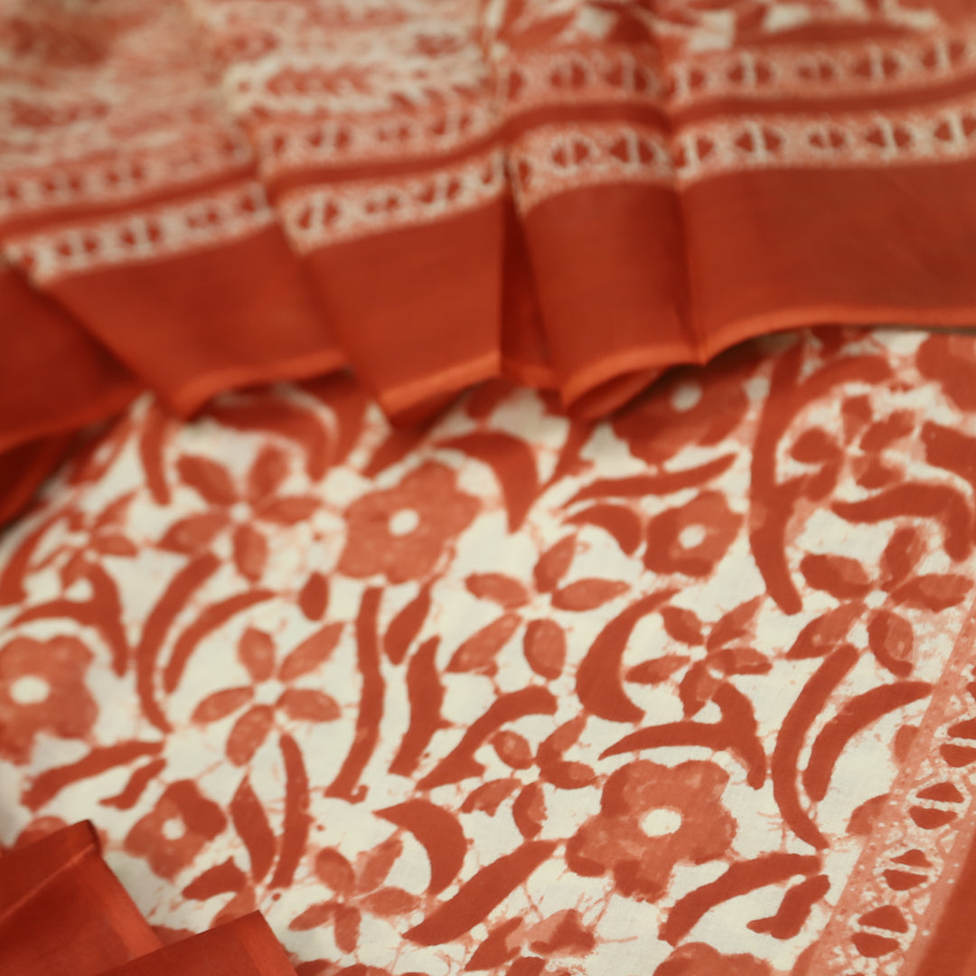 Shringaar Rust Orange Floral Printed Cotton Top with Cotton Dupatta Suit Set