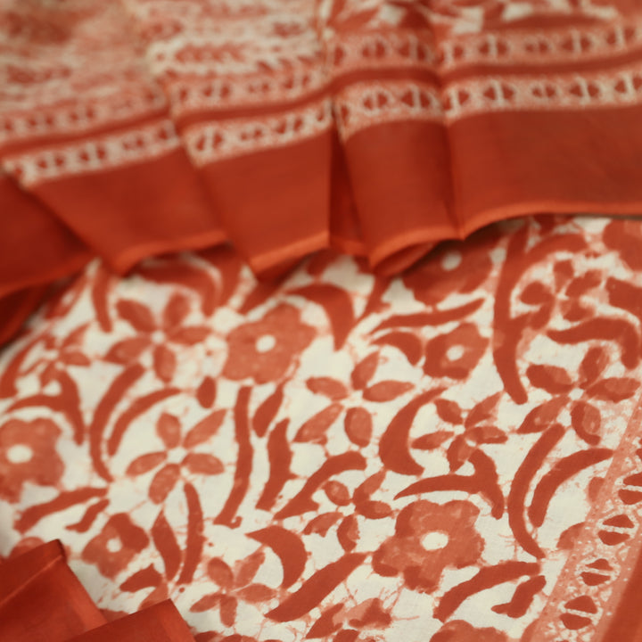 Shringaar Rust Orange Floral Printed Cotton Top with Cotton Dupatta Suit Set