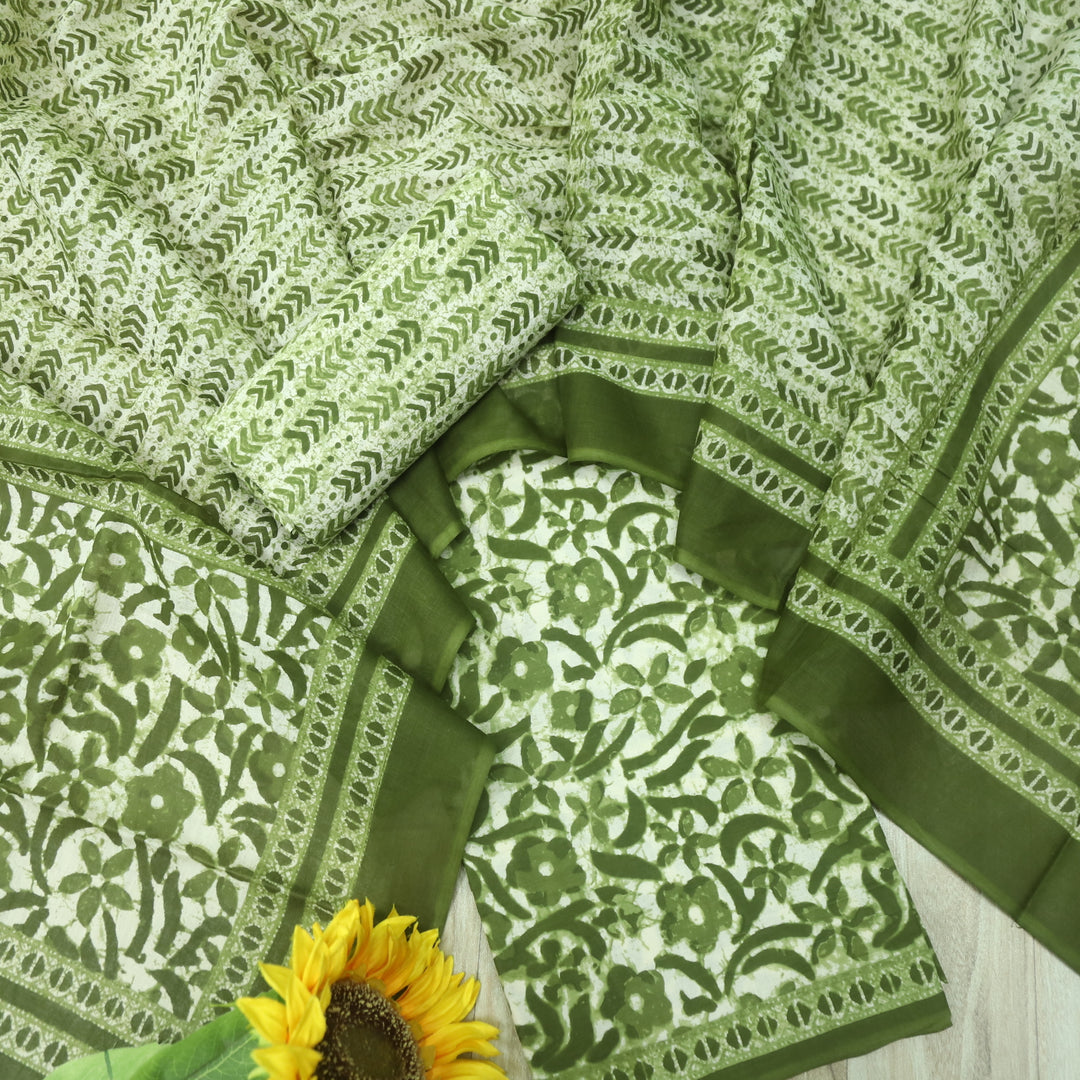 Shringaar Cabbage Green Floral Printed Cotton Top with Cotton Dupatta Suit Set