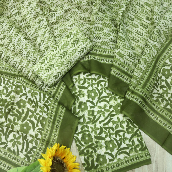 Shringaar Cabbage Green Floral Printed Cotton Top with Cotton Dupatta Suit Set