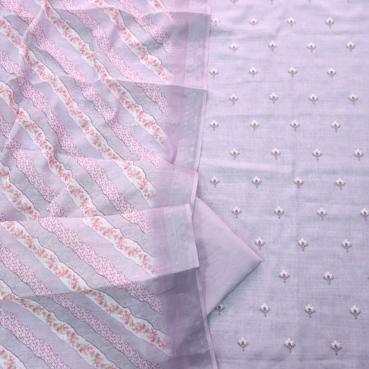 Parchaayi Lavender Purple Cross Stitch Floral Work Cotton Linen Suit Set