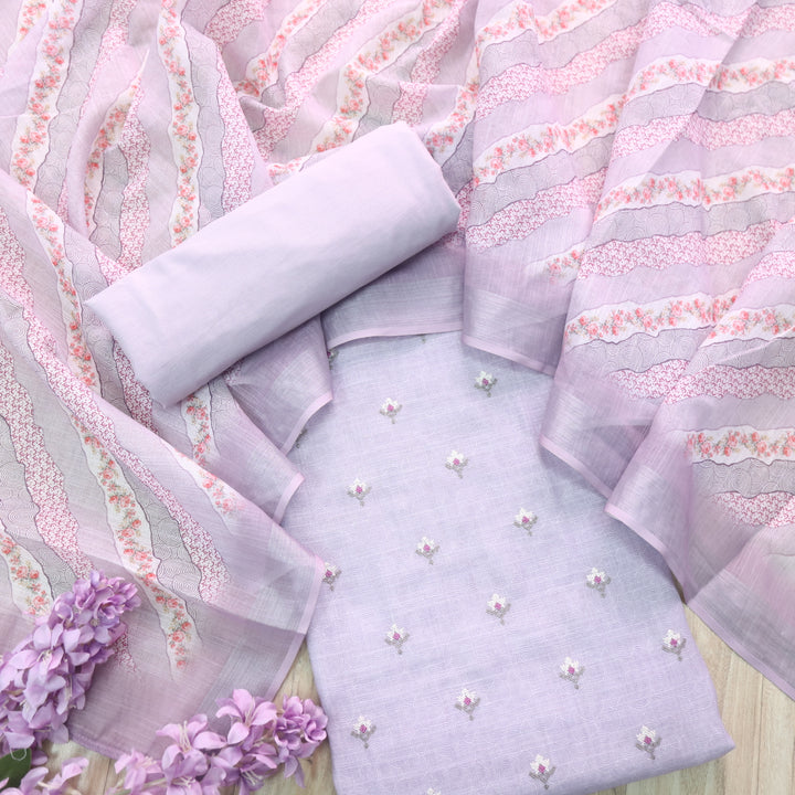 Parchaayi Lavender Purple Cross Stitch Floral Work Cotton Linen Suit Set
