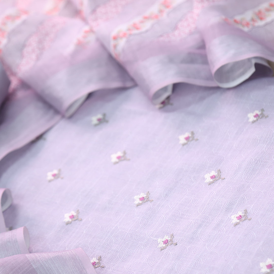 Parchaayi Lavender Purple Cross Stitch Floral Work Cotton Linen Suit Set