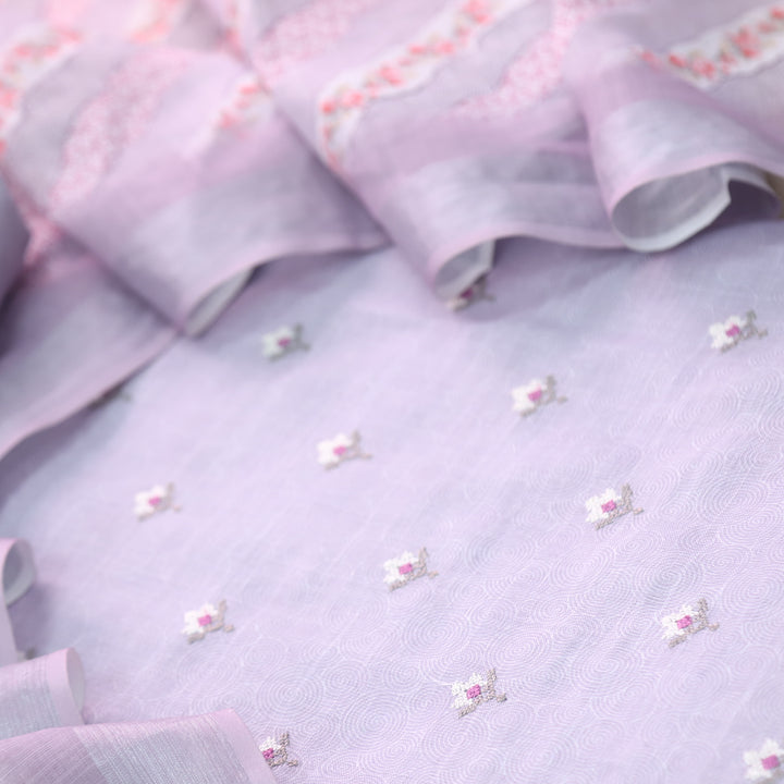Parchaayi Lavender Purple Cross Stitch Floral Work Cotton Linen Suit Set