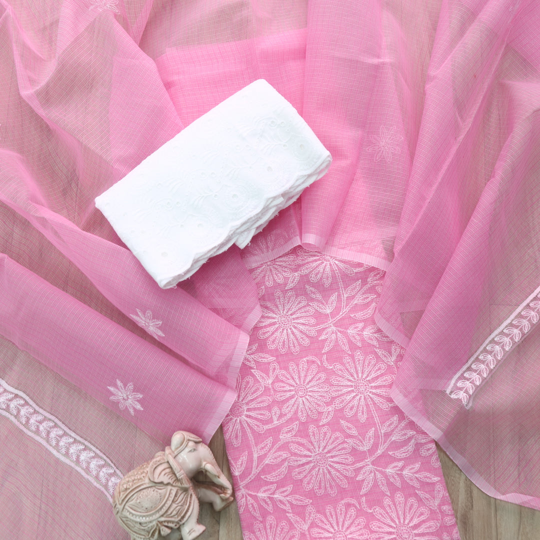 Kamleya Candy Pink All Over Floral Thread Work Kota Doriya Suit Set