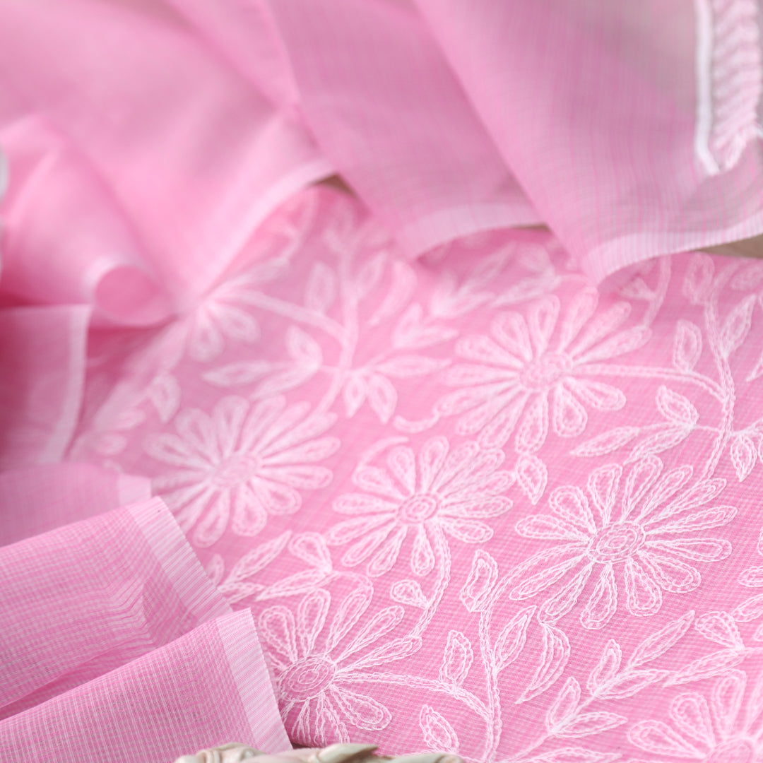 Kamleya Candy Pink All Over Floral Thread Work Kota Doriya Suit Set