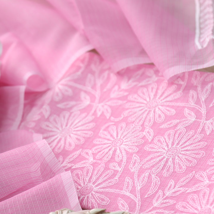 Kamleya Candy Pink All Over Floral Thread Work Kota Doriya Suit Set