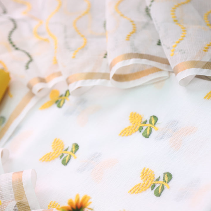 Kamleya Pearl White Floral Thread Work Kota Doriya Suit Set