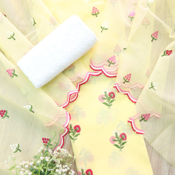 Kamleya Pineapple Yellow Floral Thread Work Kota Doriya Suit Set