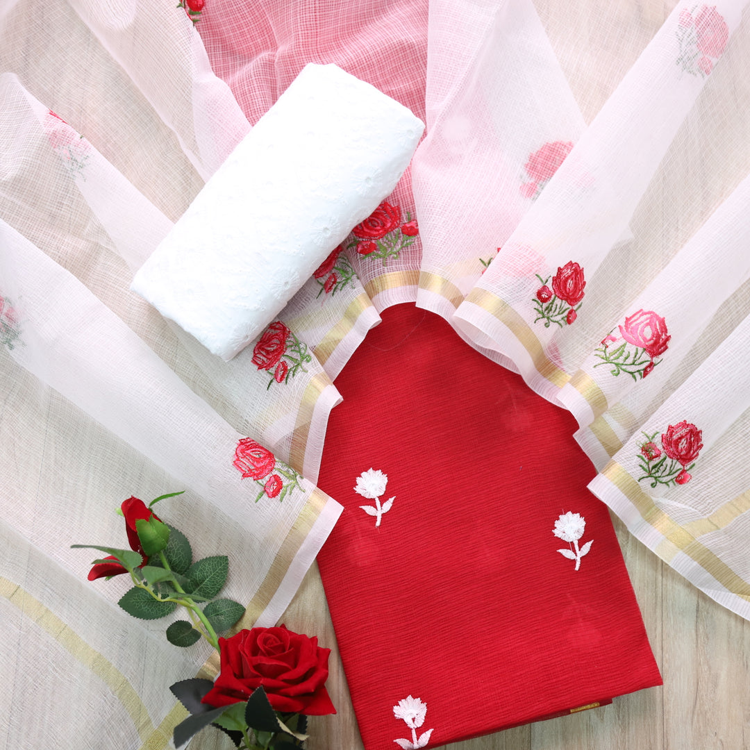 Kamleya Blood Red Floral Thread Work Kota Doriya Suit Set