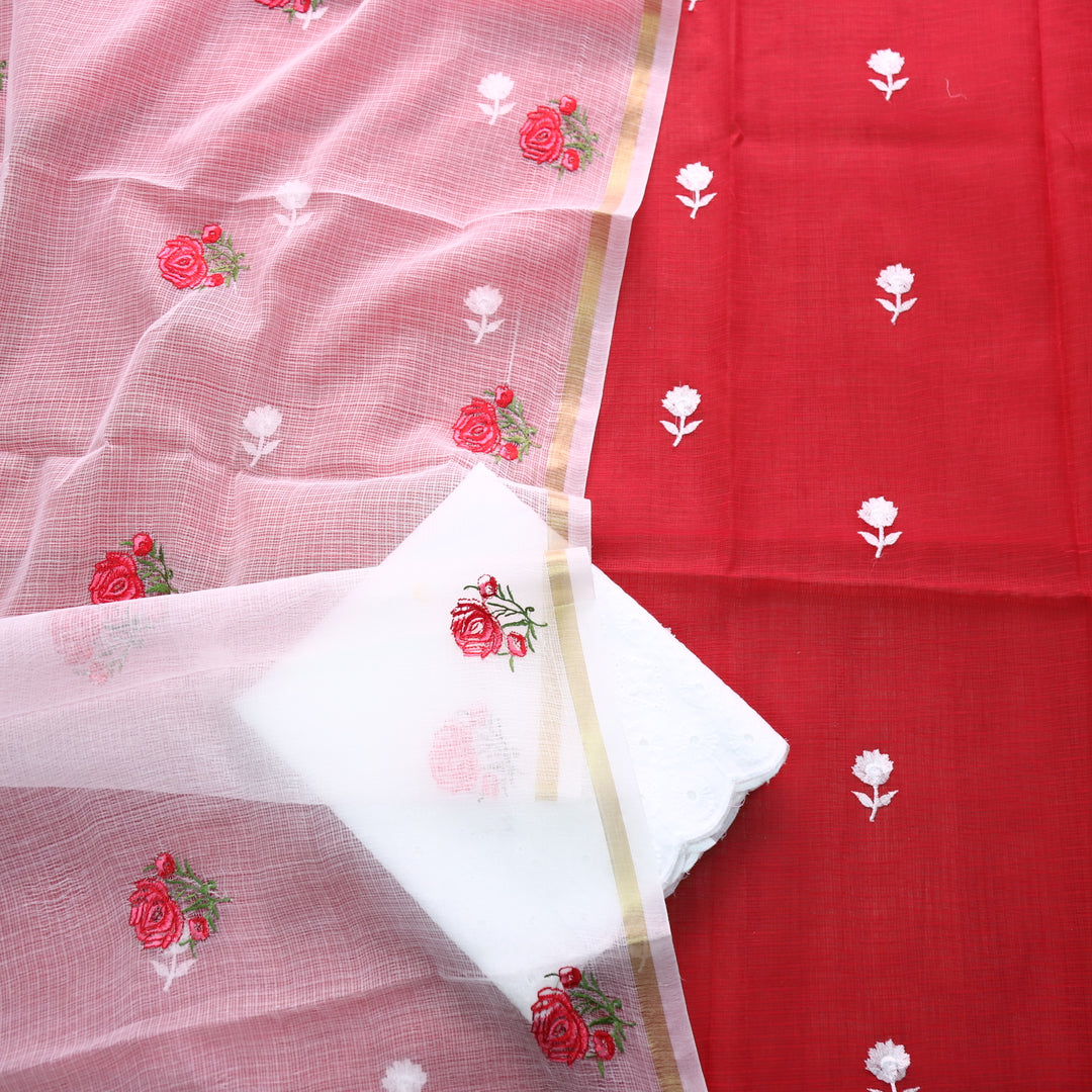 Kamleya Blood Red Floral Thread Work Kota Doriya Suit Set