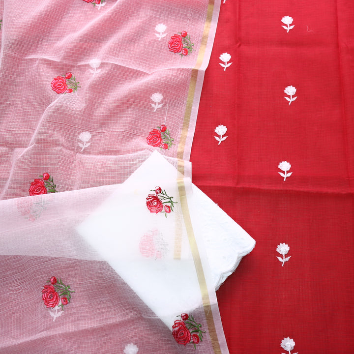 Kamleya Blood Red Floral Thread Work Kota Doriya Suit Set