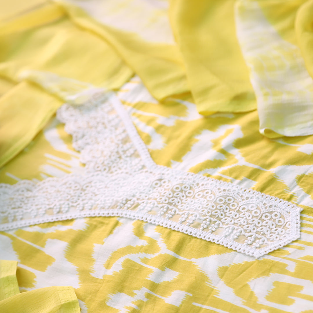 Rukshat Pineapple Yellow V neck Lace Work Ikkat Printed Cotton Suit Set