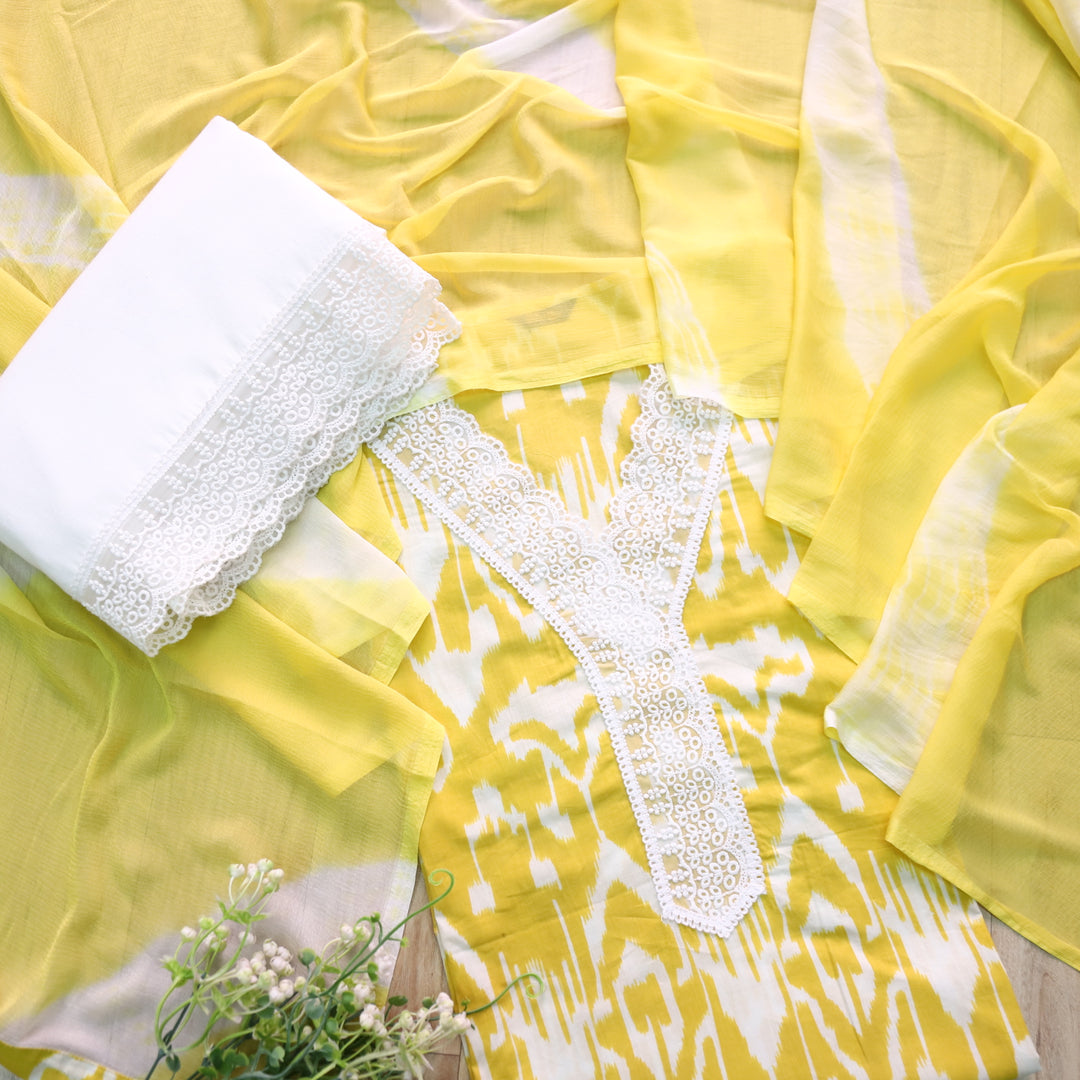 Rukshat Pineapple Yellow V neck Lace Work Ikkat Printed Cotton Suit Set