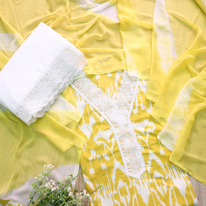 Rukshat Pineapple Yellow V neck Lace Work Ikkat Printed Cotton Suit Set