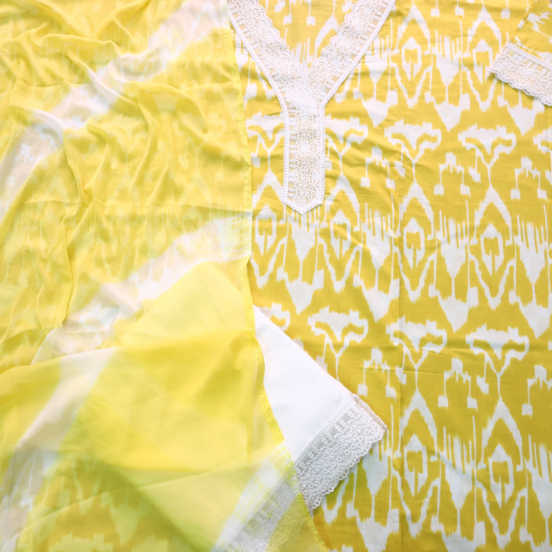 Rukshat Pineapple Yellow V neck Lace Work Ikkat Printed Cotton Suit Set