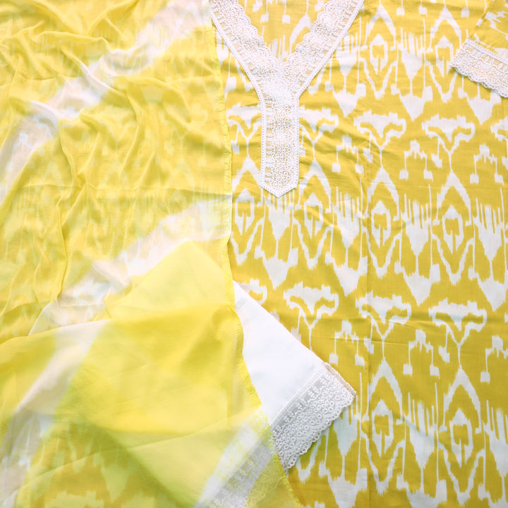 Rukshat Pineapple Yellow V neck Lace Work Ikkat Printed Cotton Suit Set