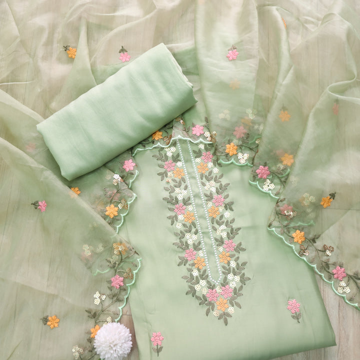 Rubiya Fresh Leaf Green Floral Thread Work Modal Suit Set