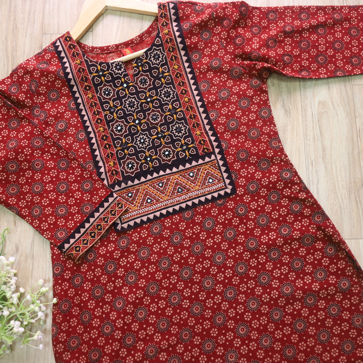 Chaahat Cherry Red Kutch Mirror Neck Work Print Cotton Kurti-D1