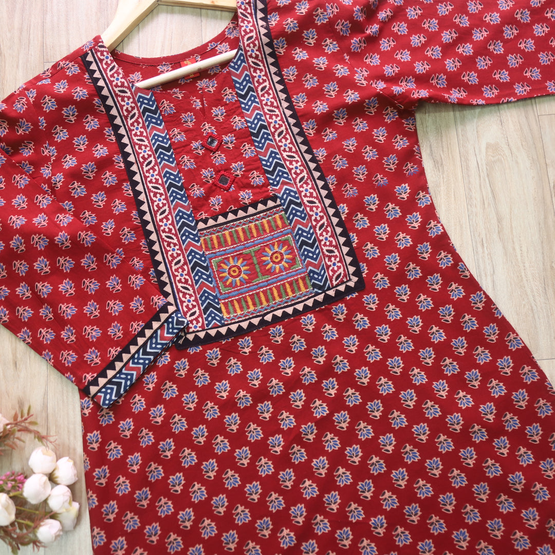 Chaahat Ruby Red Kutch Mirror Neck Work Ajrak Print Cotton Kurti