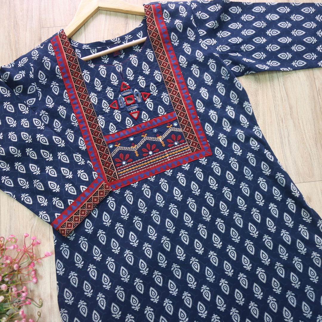 Chaahat Blue Kutch Mirror Neck Work Ajrak Print Cotton Kurti
