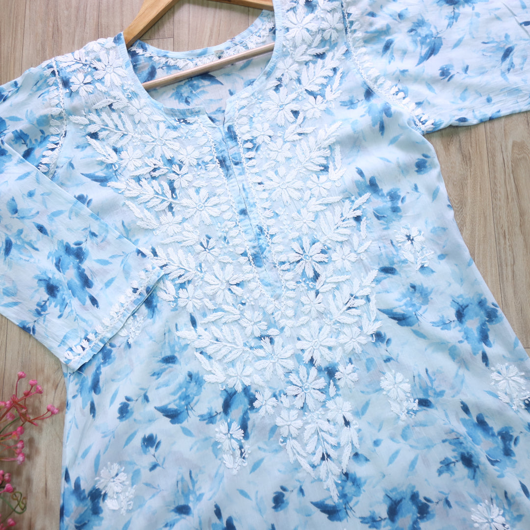 Kalakaar Sky Blue Floral Printed Chikankari Mul Cotton Kurti
