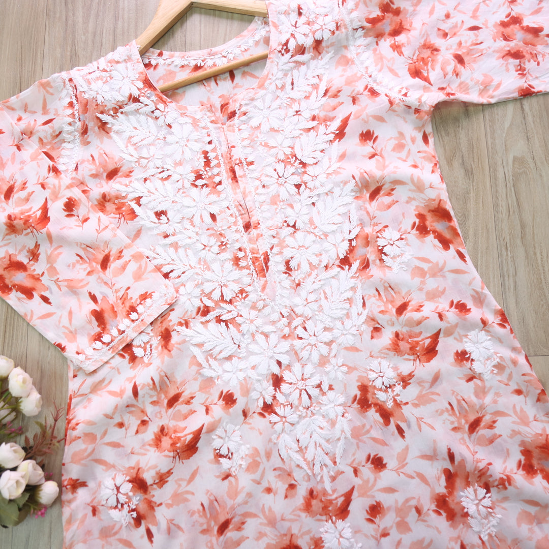 Kalakaar Rust Orange Floral Printed Chikankari Mul Cotton Kurti