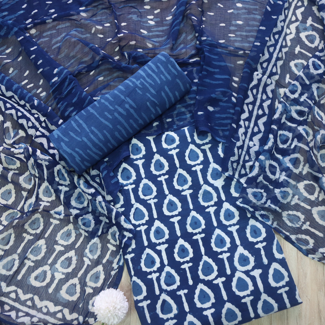 Aatish Space Blue Dabu Inspired Printed Cotton Suit Set D1