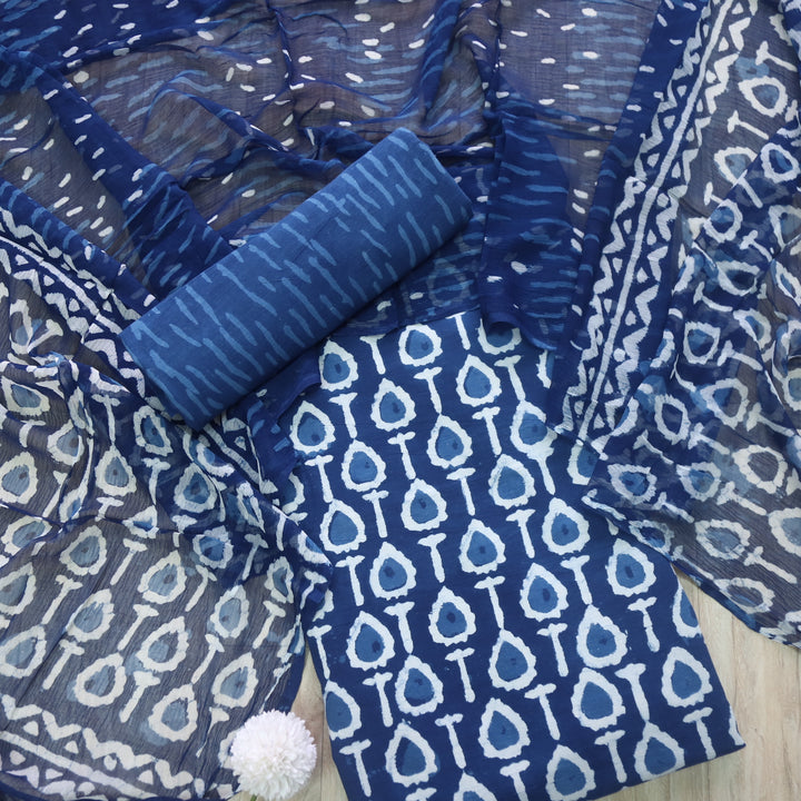 Aatish Space Blue Dabu Inspired Printed Cotton Suit Set D1