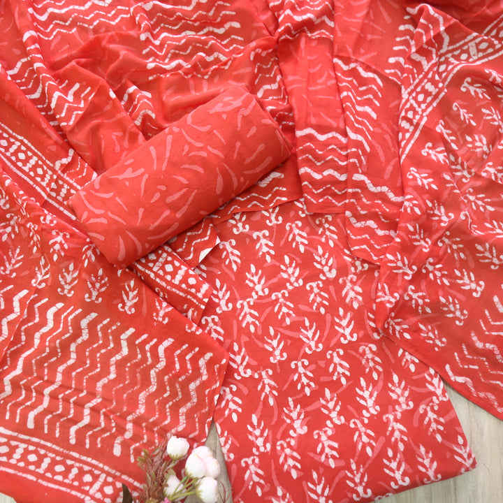 Ada Coral Orange Dabu Inspired Printed Cotton Suit Set