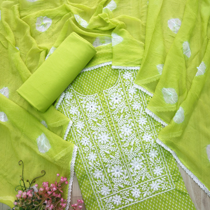 Riwayaat Grass Green Chikankari inspired Neck Work Printed Cotton Suit Set